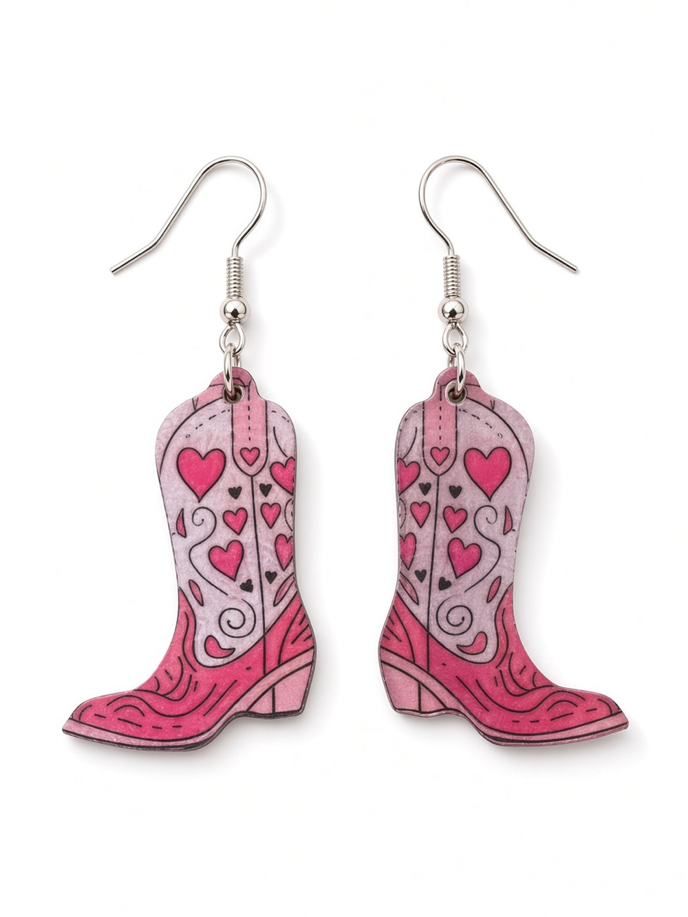 Pink cowgirl boot silver dangle earrings